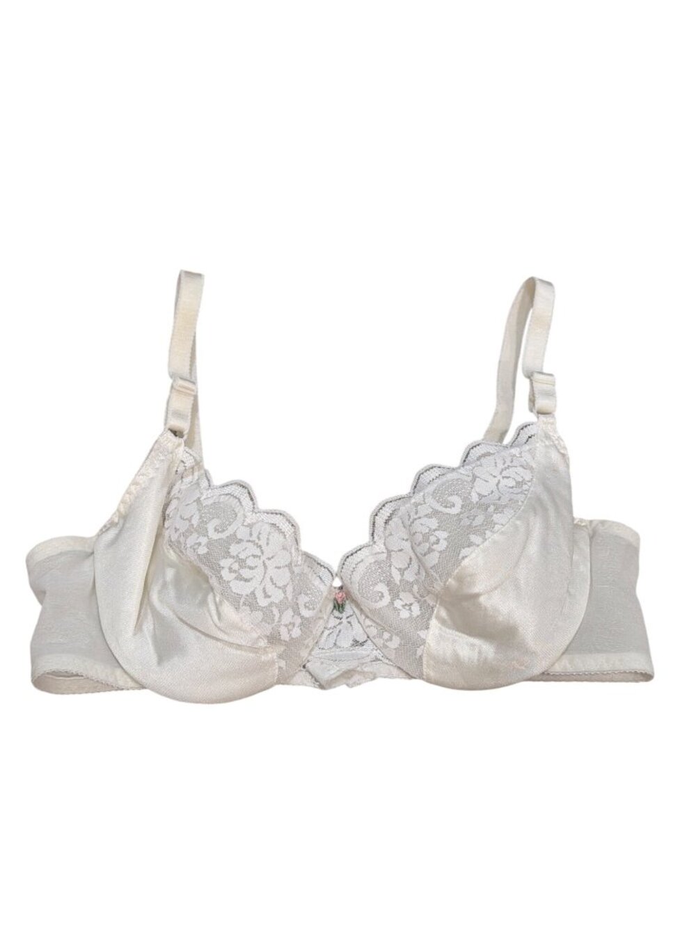 JcPenney 36B Vintage Ivory Lace Satin Padded Underwire Lace Bra Flower Center